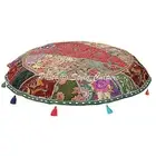 Ethnic Round Floor Cushion Cover Vintage Patchwork Green 32x32 Cotton Pouffe