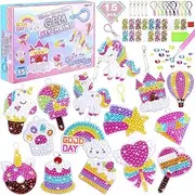 15Pcs Diamond Painting Art Kits for Kids 5D Diamond Arts and Crafts for Girls Ages 6-12 Diamond Painting Keychains Ring for Unicorn Gift Box Gem Art Supplies Gem Star Cake Rainbow Keychains