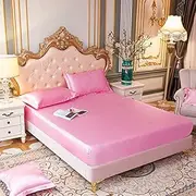Zhiyuan Solid Color Silky Satin Bedding Fitted Sheet 2 Pillowcases Set, Single, Pink