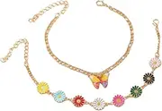 [Cykdohy] Boho Colorful Daisy Butterfly Charm Layered Anklet for Women Dainty Cute Stacked 2 Piece Set Flowers Bead Ankle Bracelets Adjustable Figaro Chain Barefoot Sandals Bohemian Summer Beach Foot Jewelry