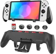 OIVO Switch Grip with Upgraded Adjustable Stand Compatible with Nintendo Switch & OLED, Asymmetrical Ergonomic Grip with Upgraded Adjustable Stand/Cartridge Holders and 5 Game Slots- 4 Thump Caps Included