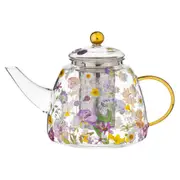 Ashdene Pressed Flowers Double Walled 1.2L Floral Glass Teapot w/ SS Infuser