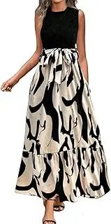 [Generic] Summer Women Casual Color Block Floral Spliced Sleeveless Long Dress Ladies V Neck Waist Wrap Floral Print High Waist Fashion Elegant Short Maxi Dress Sleeveless Short Dressing