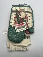 Vtg Old World Santa Kitchen Towel Oven Mitt Potholder WashCloth Set Royal Terry