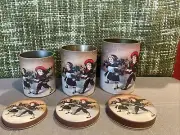 VTG Nesting Tin Canisters Winter Victorian Boy & Girl Set of 3 NOS Taiwan ROC