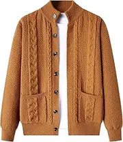 [SWJGLITTR] Men's Button Stand Collar Cardigan Ribbed Cardigans Sweater with Pockets Down Cable Knitted Men Sweater Jackets, Orange, Medium