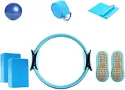 8Pcs Yoga Starter Sets Yoga Ball Magic Ring Pilates Circle Stretch Strap Yoga Blocks Non Slip Socks for Home Workout Fitness Kit,Blue