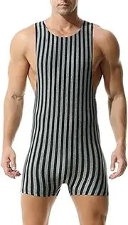 [DTODWW] Mens Striped Wrestling Singlet Bodysuit One Piece Swimsuit Stretchy Base Layers Pajamas Leotard Athletic Jumpsuit