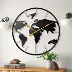 Large World Map Wall Clock, 24" Black Metal Minimalist Modern Clock Home Decor