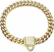 DRBASJHFO Dog Chain Collar Gold Dog Chain Collar,14mm Wide Cuban Link Puppy Collar Stainless Steel with Diamond Lock Bling Choke Collar for Dogs(18inch)