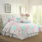 Pink Aqua Blue White Floral Patchwork 3pc Quilt Set Coverlet Twin Queen King Bed