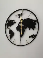 Large World Map Wall Clock, 24" Black Metal Minimalist Modern Clock Round Silent