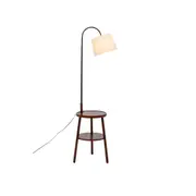 New Oriental Kamala Rubberwood 2-Round Shelves Floor Lamp Linen Shade W/ USB Port Charging - Off White/Cherry