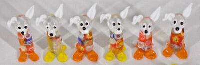 ANTIQUE ART CRAFTED SET OF 6 HAND BLOWN GLASS DOG FIGURINES NEW IN WOODEN BOX