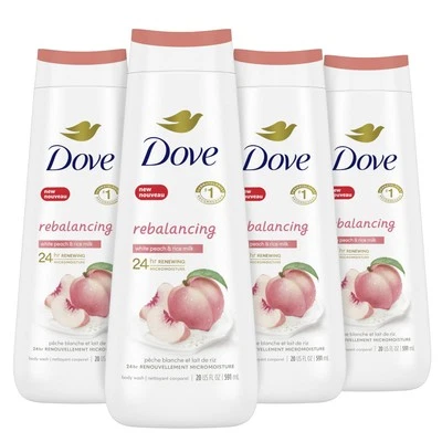 Dove Rebalancing Body Wash 20 Fl Oz Pack of 4 White Peach Rice Milk 24 Hours