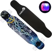 Sports Longboard Skateboard, 42.5" 8-Layer A Maple Four-Wheel Flash Storage Dawn Pattern Brush Street Dance Step Board Suitable for Adult Men Women
