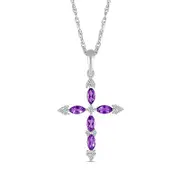 Marquise Amethyst and 0.07 CT. T.W. Natural Diamond Tri-Tip Cross Pendant in Sterling Silver