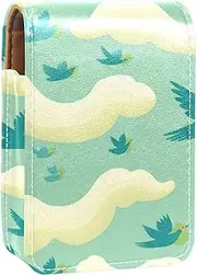 Lipstick Case,Leather Lip Gloss Lipstick Organizer with Mirror,Mini Lipstick Holder Bag,Birds Flying and Clouds
