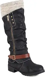 [SoraBra] Women's Knee High Boots Knight Boots,Chunky Low Heel Non-Slip Western Boots with Zipper Metal Buckle Stretch Boots