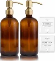Vine Creations Amber Glass Soap Dispenser 2 Pack, Thick 16oz Bottles Rustproof Stainless Steel Pump, Kitchen Bathroom Accessories, Hand Soap Dish Soap Dispenser, with Waterproof Labels (Brushed Brass)