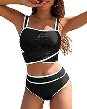 [Jolefille] High Waisted Bikini Set for Women 2 Piece Tummy Control Swimsuits Bottom Color Block Twist Bathing Suit Top