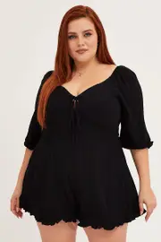 Black Playsuit Long Sleeve Tie Front