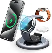 [EXW] Wireless Charging Station for Magsafe Charger, 3 in 1 Wireless Charger for Apple, Fast Magnetic Charger Stand for iPhone 16/15/14/13/12 Series,Apple Watch 2-10/Ultra,Airpods 4/3/2 Pro (SilverGrey)