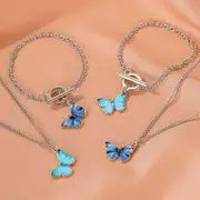 Enameled Butterfly Pendant Necklace / Bracelet 02 - 6225 - Bracelet - Aqua Blue Butterfly - Silver - One Size
