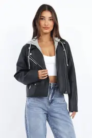 Black Faux leather Biker With Removable Hoodie - Size 6, Women's Pu Jacket