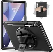 [Junfire] Case for Samsung Galaxy Tab S10+/S9+/S8+/S7+ 12.4 Inch, Shockproof Kids Protective Case with Rotating Kickstand Hand Strap Pen Holder for S10 Plus/S9 Plus/S7 Tablet-Black
