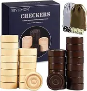 BIVOMON Classic Wooden Checkers Stackable Pieces, Backgammon Pieces, Set of 30 Checkers Pieces, 5 Dice, 2 Drawstring Storage Bags, Checkers (1 W X 0.4 H) Inches, Brown+Wood