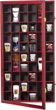 52 Slots Shot Glass Display Case with Lockable Door, Solid Wood Cabinet Collecti