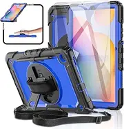 Samsung Galaxy Tab S6 Lite Case 10.4" 2022/2020 with Tempered Glass Screen Protector, [Kids Proof] BASE MALL Full Body Protective Case, Rotatable Kickstand/Hand & Shoulder Strap/S Pen Holder (Blue)