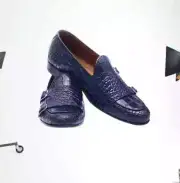Blue Alligator Pattern Leathe Formal Double Monk Penny Business Shoes For Mens