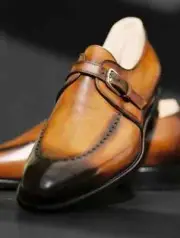 IK Handmade Shoes Men's Single Monk Strep Tan Leather Brown Shaded Oxford Shoes