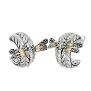 18K Gold And Sterling Silver Dragonfly Woven Leaf Post Back Hoop Earrings