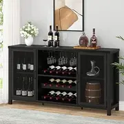 IBF Black Coffee Bar and Liquor Cabinet With Wine Rack Storage, Industrial Kitchen Buffet for Home Living Dining Room, Black Oak, 55 Inch