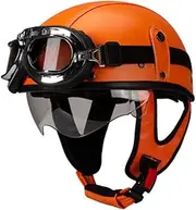 Retro Motorcycle Leather Half Helmet, DOT Approved Adult Men Women Vintage Half Face Helmets, Scooter Moped Cruiser Chopper ATV Motorbike Open Face Helmet with Hidden Visor with Goggles