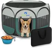 Playpen for Small Dogs Cats Crate: Puppy Play Pen Indoor Outdoor Foldable Potable Exercise Cage Pop up Kennel for Guinea Pig Rabbits Hamster Travel with Carrying Case & Food Bowl (Grey, S, 1)