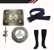 Black Leather Belts Set for Men Shamrock Design Buckle/Brooch & Kilt Pin
