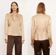 Vince Fitted Shaped Collar 100% Silk Satin Blouse in Chamois Color sz S $345