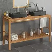 Teak Wood Bathroom Vanity Cabinet, Solid, 2 Sinks, Elegant Marble Top, Storage, Towel Bar, Modern, Washroom