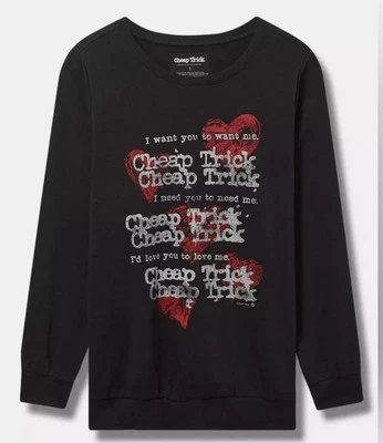 NEW Torrid 5 5X Black CHEAP TRICK Sweatshirt Top “I WANT YOU TO WANT ME” Hearts