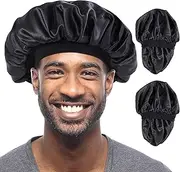 MoHern 2PCS Silk Bonnets for Men, Double Layer Satin Hair Bonnet for Sleeping, Reversible Night Cap, Bonnet for Curly Hair, Satin Bonnet for Black Men and Women (Black), Black, Large