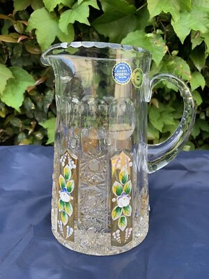 BOHEMIA QUEEN LACE 18K GOLD & ENAMEL 24% LEAD CRYSTAL PITCHER 50 OZ, 1.5 LITER
