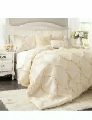 Lush Decor Avon Textured KING Comforter Set 3 Pieces Ivory Shams Ruffles $435