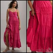 Anthropologie Bhanuni by Jyoti LARGE Patchwork Lace Tiered Dress Pink Eyelet