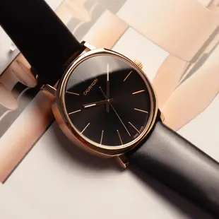 CK手錶 紳士簡約三針皮帶手錶-黑x玫瑰金 K8Q316C3 限時搭贈錶帶