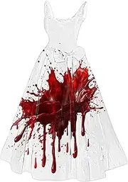 [Kaniem] Halloween Dresses Plus Size Ladies' Halloween Bloody Print Casual Party Round Neck Sexy Sleeveless Dress, D3-White, 3X-Large, D3-white, 3X-Large