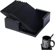 Drink Coasters Set of 6 Leather CoastersSpill Protection for Table Desk Durable and Non Slip Leather Coaster Fit Common Size Drinking Glass Coffee Cup Tea Cup Mug (Square Black)
